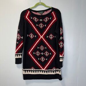 Lauren Ralph Lauren Petite Womens Black Red Southwestern Cotton Sweater Tunic PM